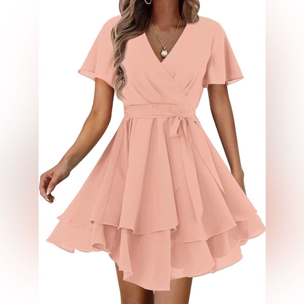 Womens Casual Short Sleeve Wrap V-Neck Ruffle Mini Dresses
